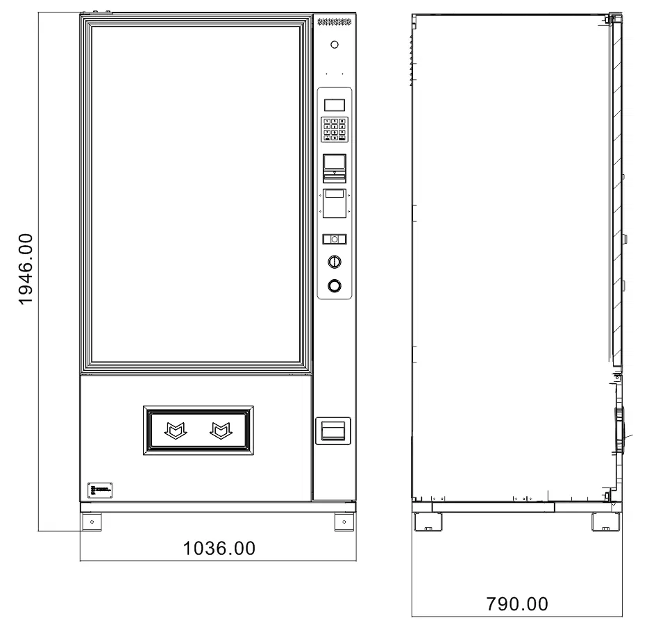 Maße des D720-10G Automaten von TCN Vending und Vendy1