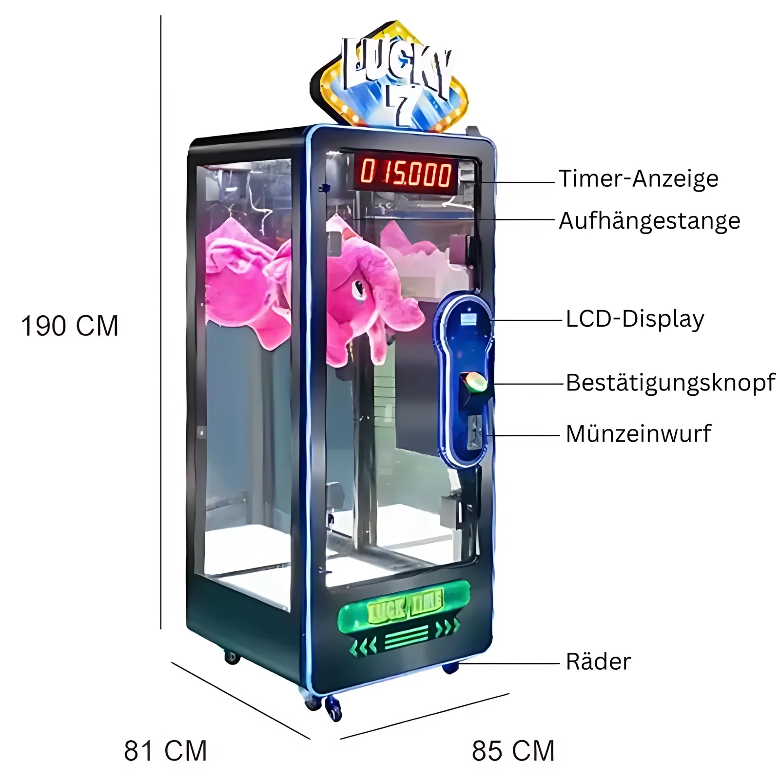 Spielautomat auf dem mehrere Pfeile gerichtet sind um die Bestandteile des Automaten darzustellen