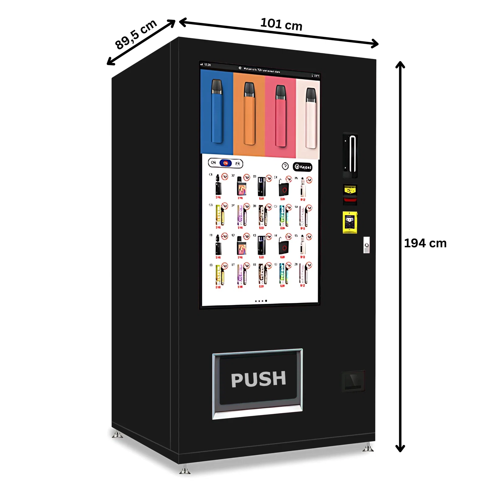 Vapeautomat von TCN Vending und Vendy1 mit Maßen