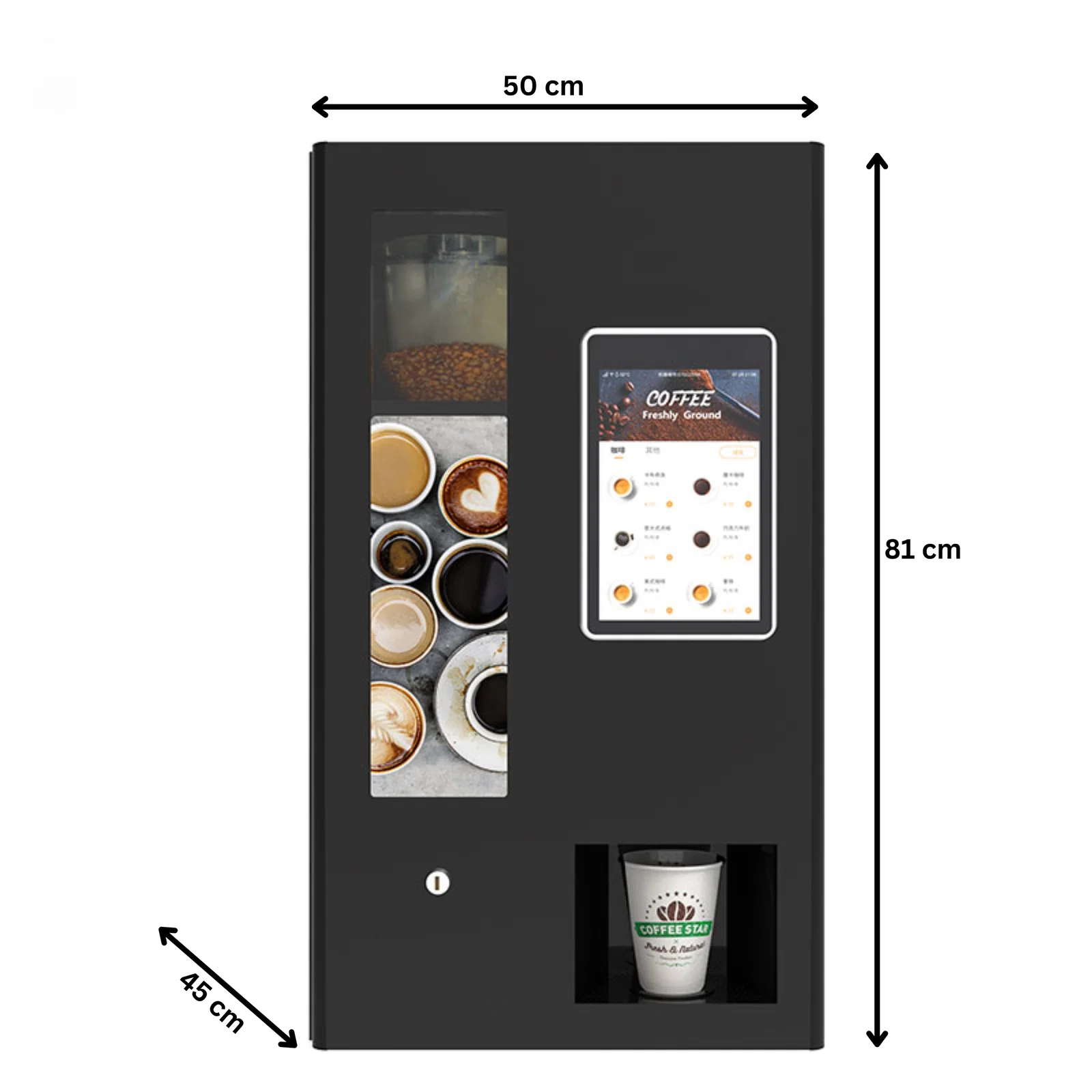 Kaffeeautomat für die Wand von TCN Vending und Vendy1 mit Produktabmessungen