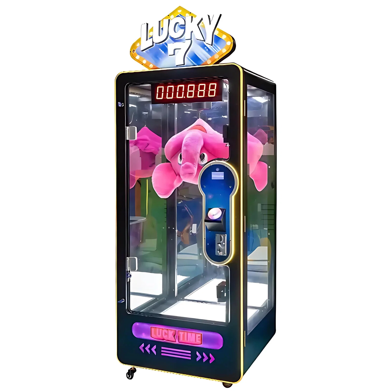 Geschicklichkeitsspielautomat mit Lucky7-Schild und einem pinken Plüschtier als Gewinn im Inneren
