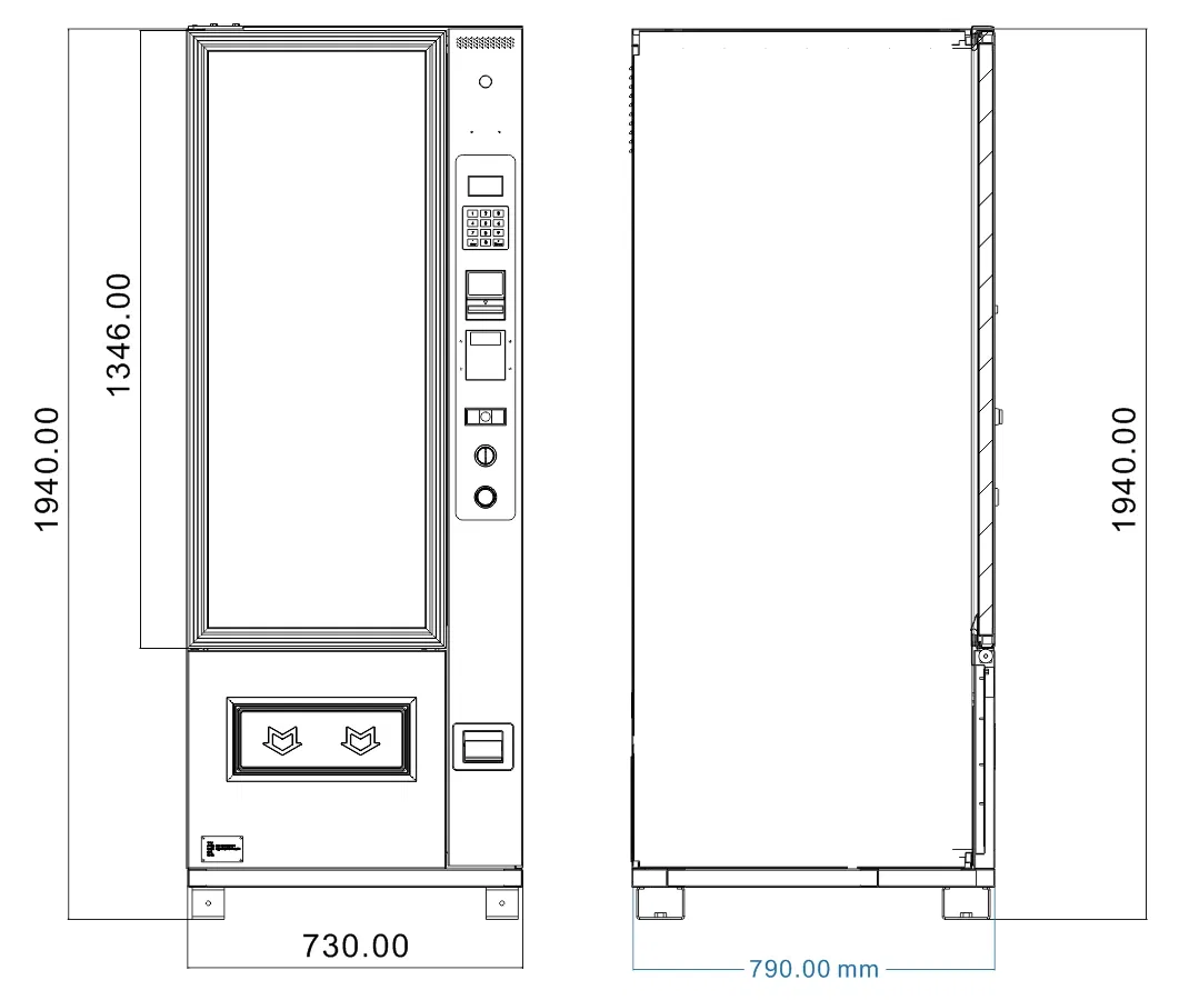 Umrisse mit Maßen des D720-6G Automaten von TCN Vending und Vendy1