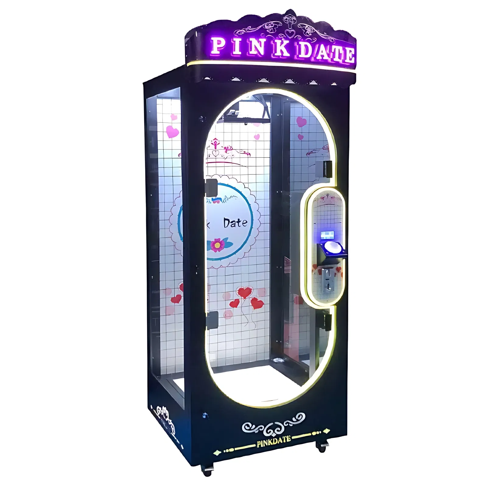 Dunkelfarbener Spielautomat in dem sich kein Gewinn befindet und der gelb beleuchtet ist