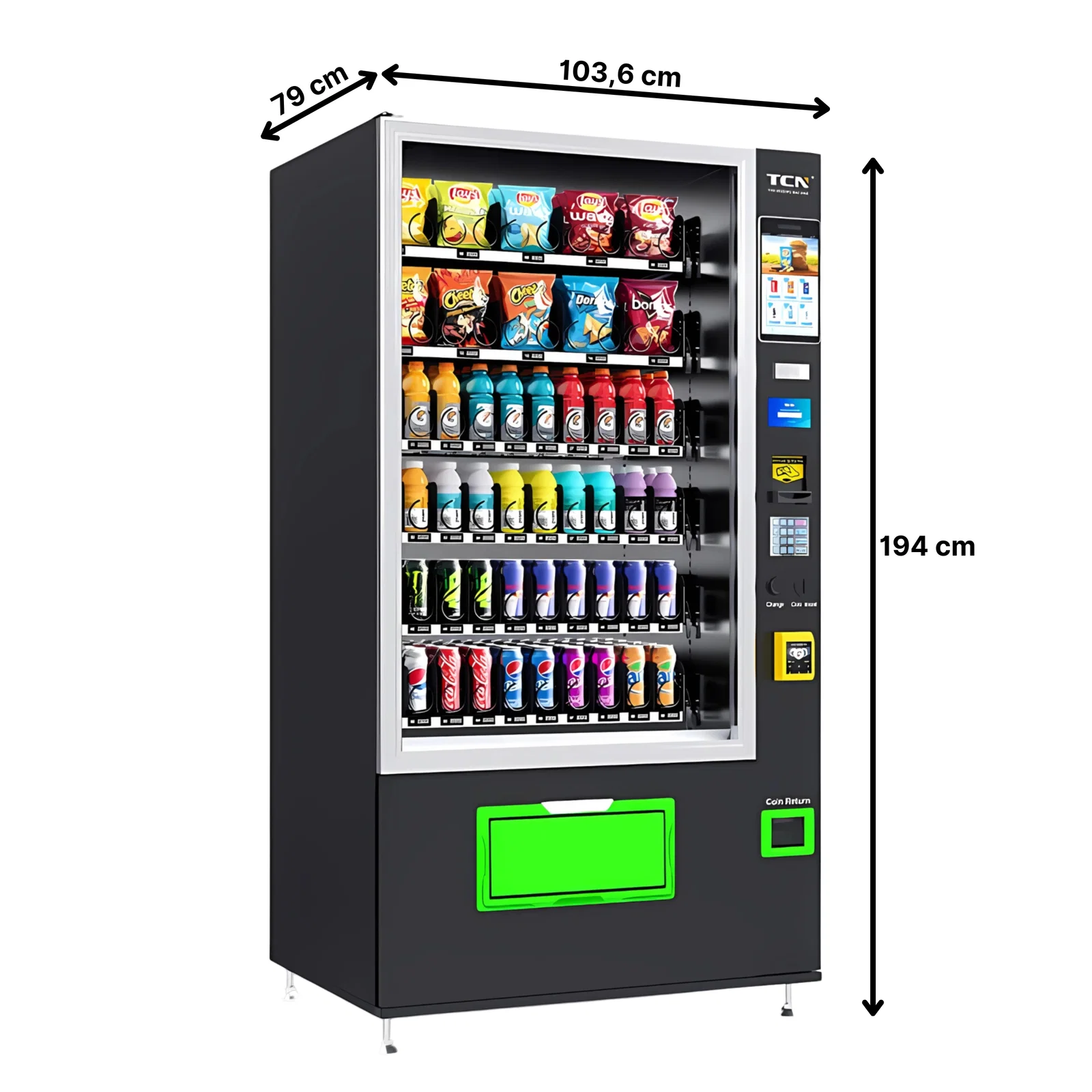 Snack-/Getränkekombi von TCN Vending und Vendy1 aus der Seitenansicht mit Maßen