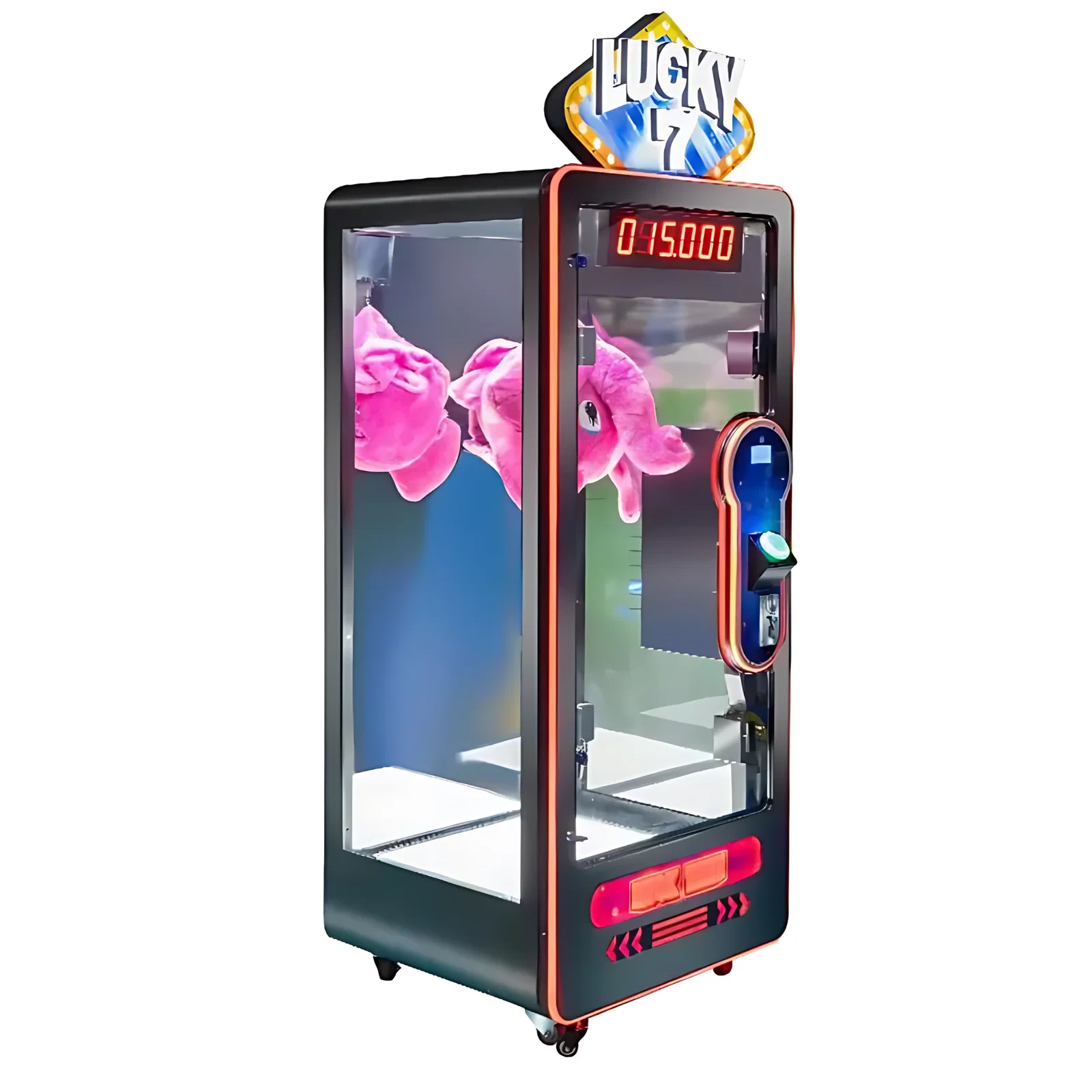 Spielautomat in schräger Perspektive in dem sich ein pinkes Plüschtier befindet