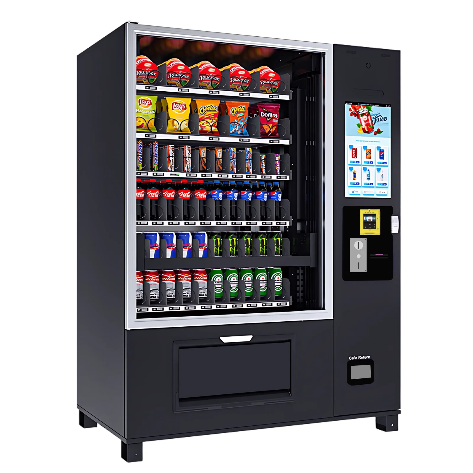 Rechte Seitenansicht des großen Snack-/Getränkekombi Automaten mit Lift von Vendy1 in komplett schwarzem Design