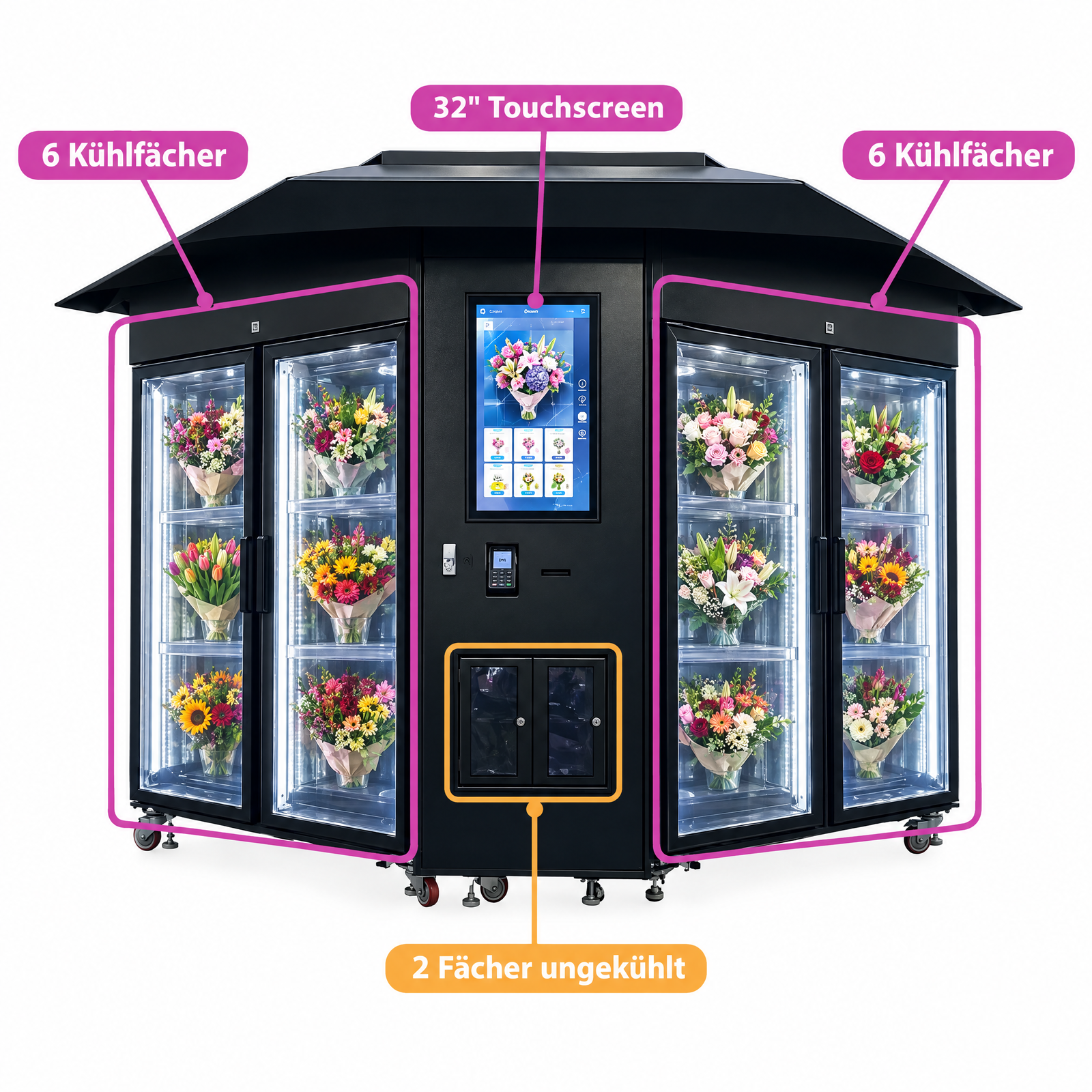 XXL Flower Vending Machine with 32" Touchscreen, 6 Refrigerated Compartments & Roof – Outdoor