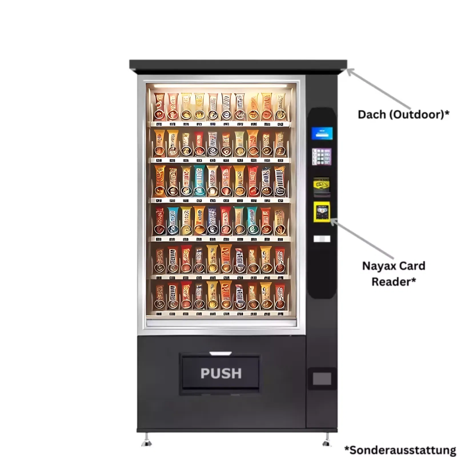 Snackautomat auf den 2 Pfeile zeigen - ein Pfeil zeigt auf das Nayax Modul und der andere Pfeil zeigt auf das Dach