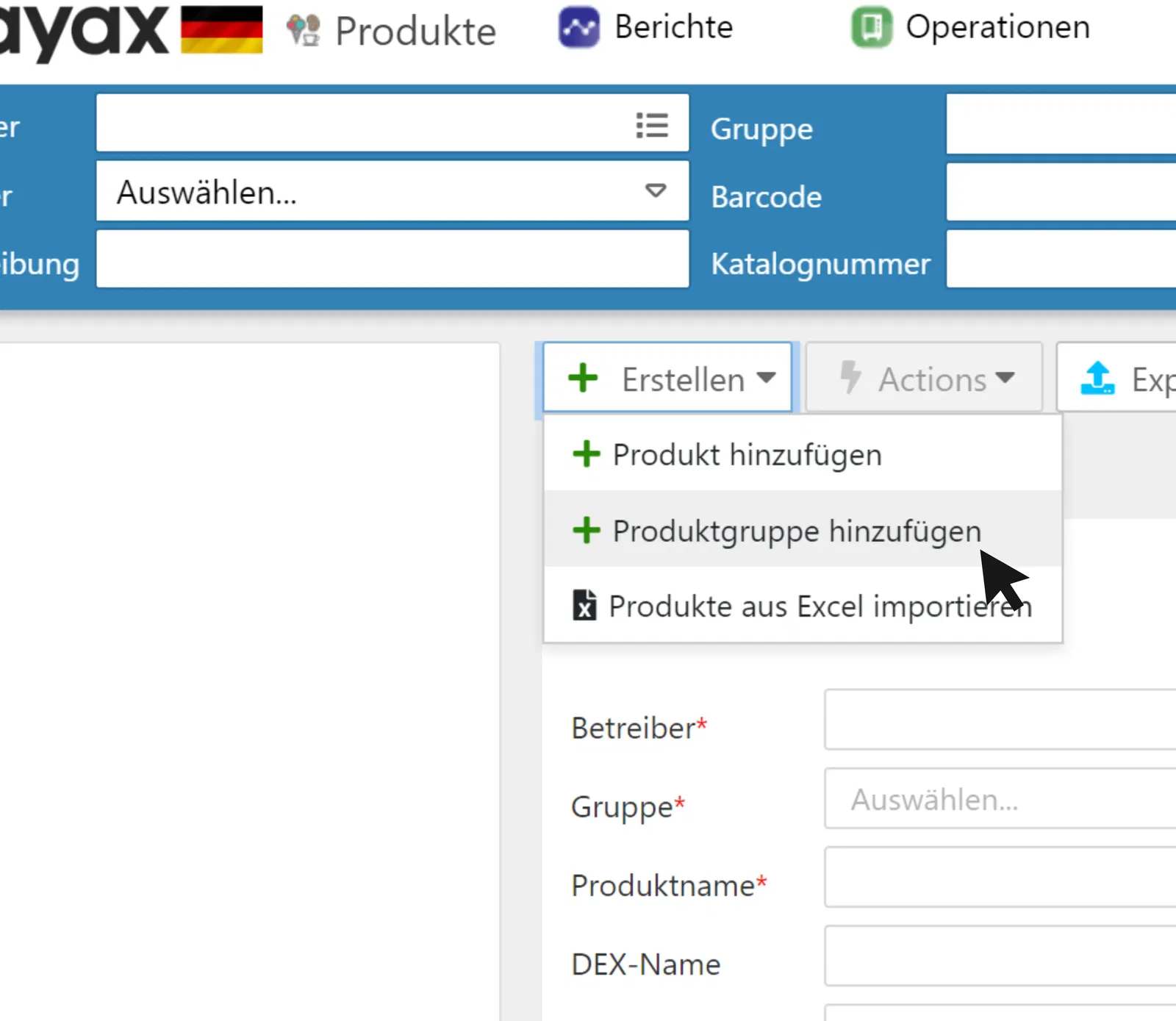 Produktgruppe hinzufügen unter der Rubirk Herstellen auswählen