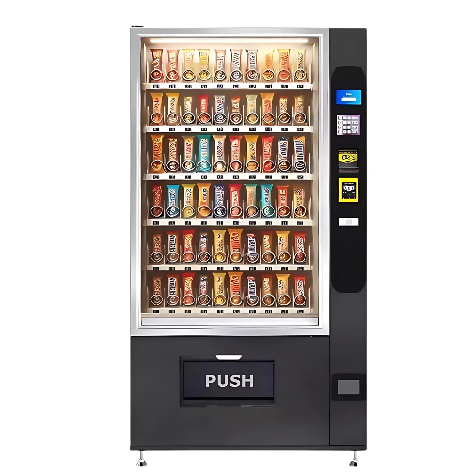 Schwarzer Warenautomat, welcher mit Snacks bzw. Schokoriegeln befüllt ist