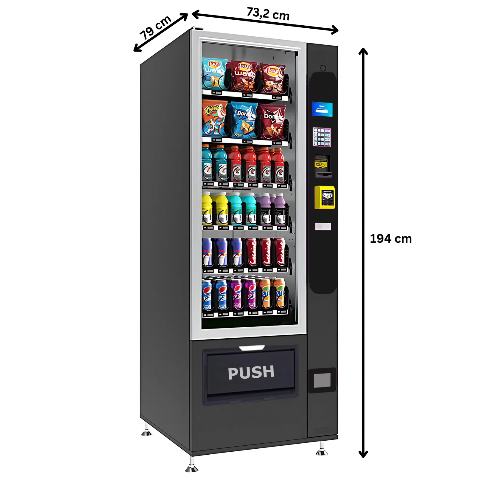 Kleine Snack-Getränkekombi ohne Lift von TCN Vending und Vendy1 Seitenansicht mit Maßen