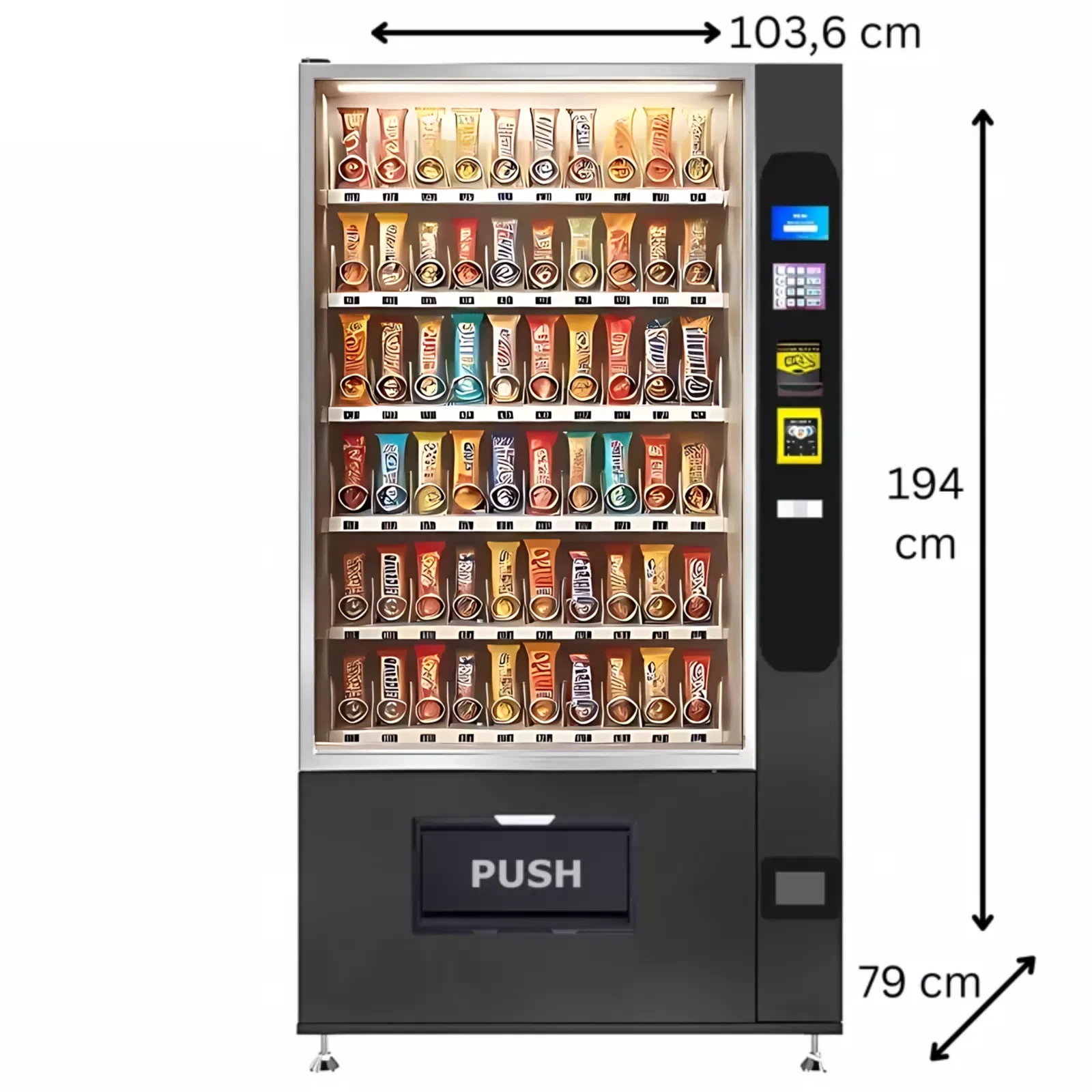 Bild eines Snackautomaten, welches 3 Pfeile mit Maßangaben beinhält um die Maße darzustellen
