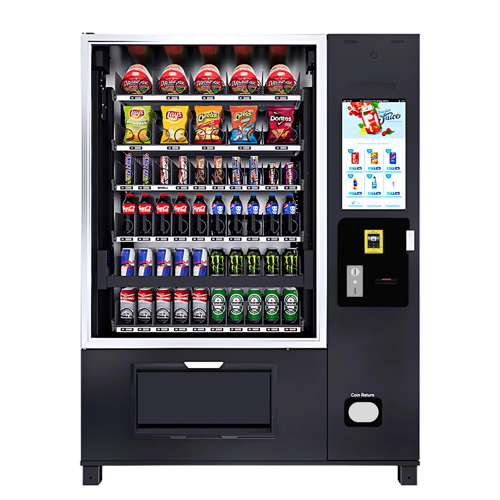 Großer Snack-/getränkekombi Automat mit Lift in Frontansicht mit komplett schwarzem Design von Vendy1 