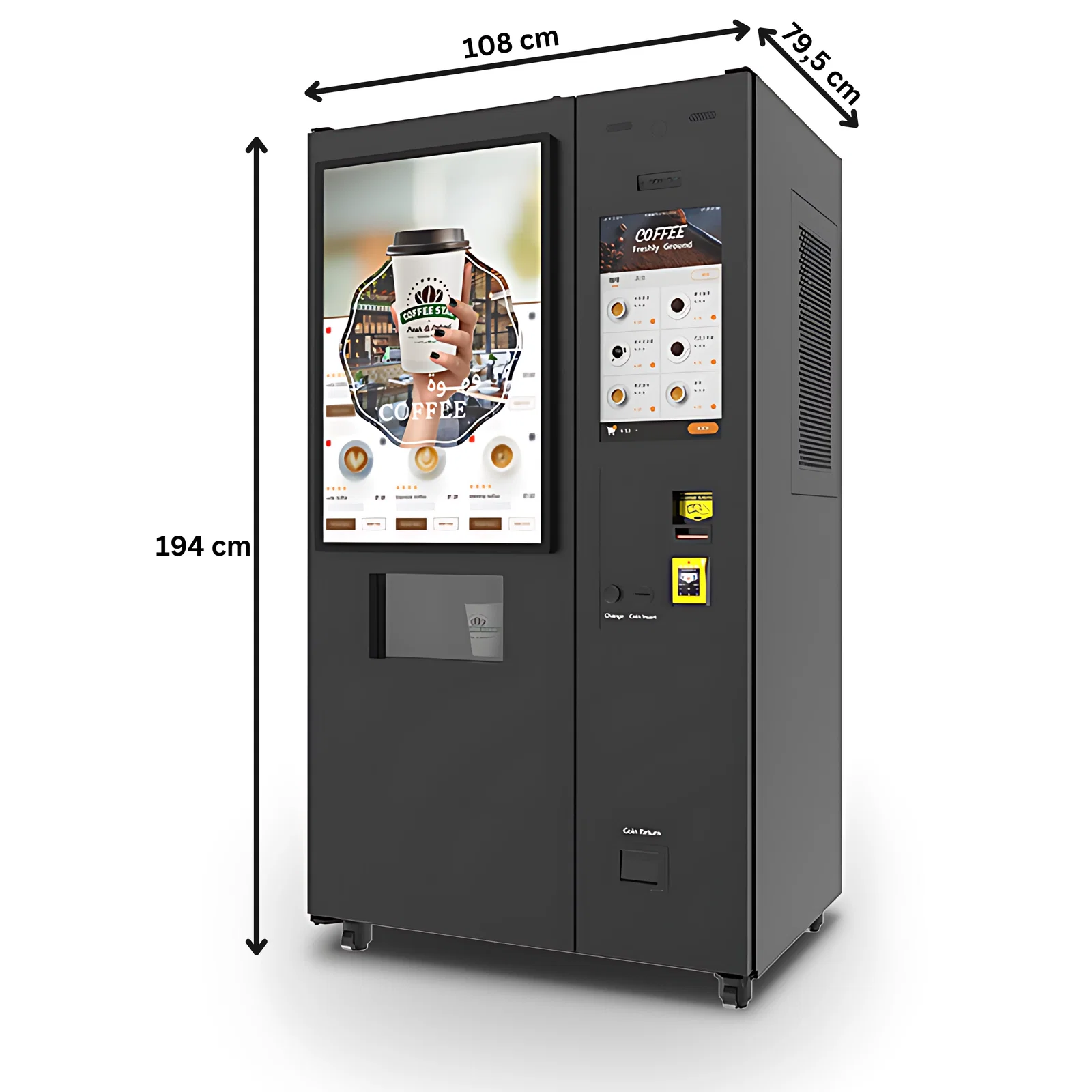 Seitenansicht großer Kaffeeautomat von TCN Vending und Vendy1 mit Maßen