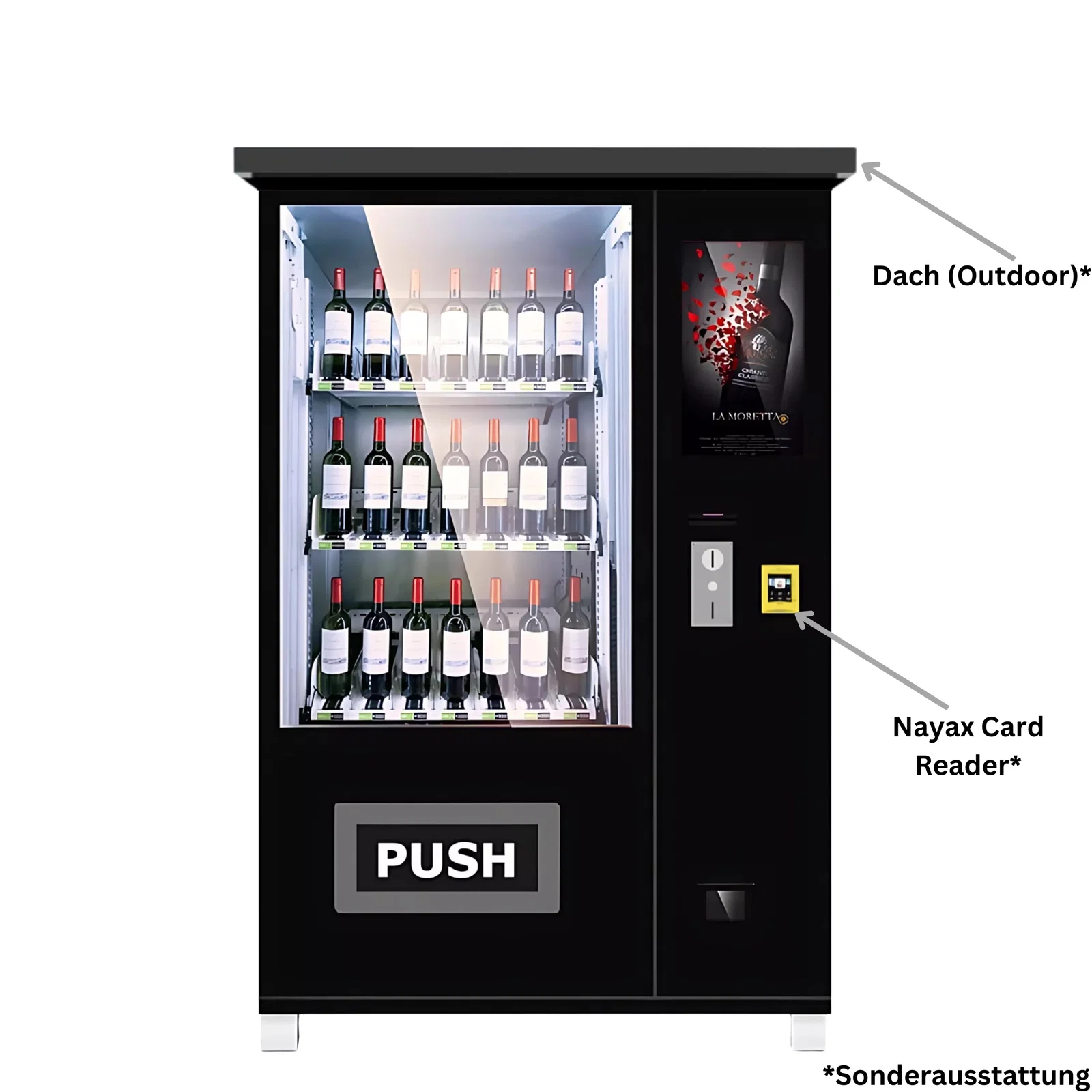 Weinautomat von TCN Vending und Vendy1 aus der Frontansicht mit technischen Zusatzmodulen