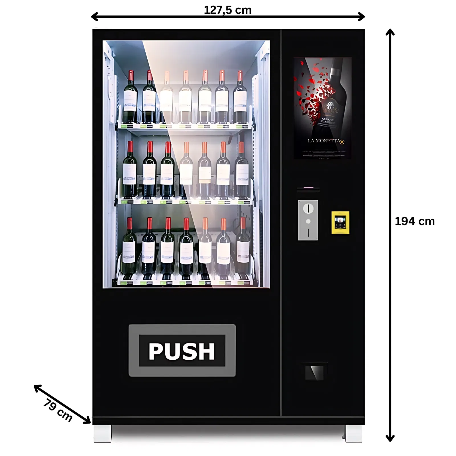 Weinatautomat von TCN Vending und Vendy1 Frontansicht mit Maßen