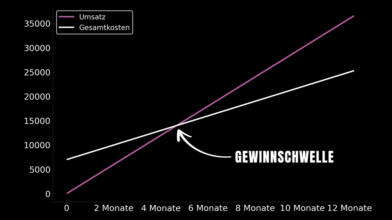 Diagramm einer Gewinnrechnung und Break even Analyse eines Snackautomaten mit Gegenüberstellung von Kosten und Umsatz