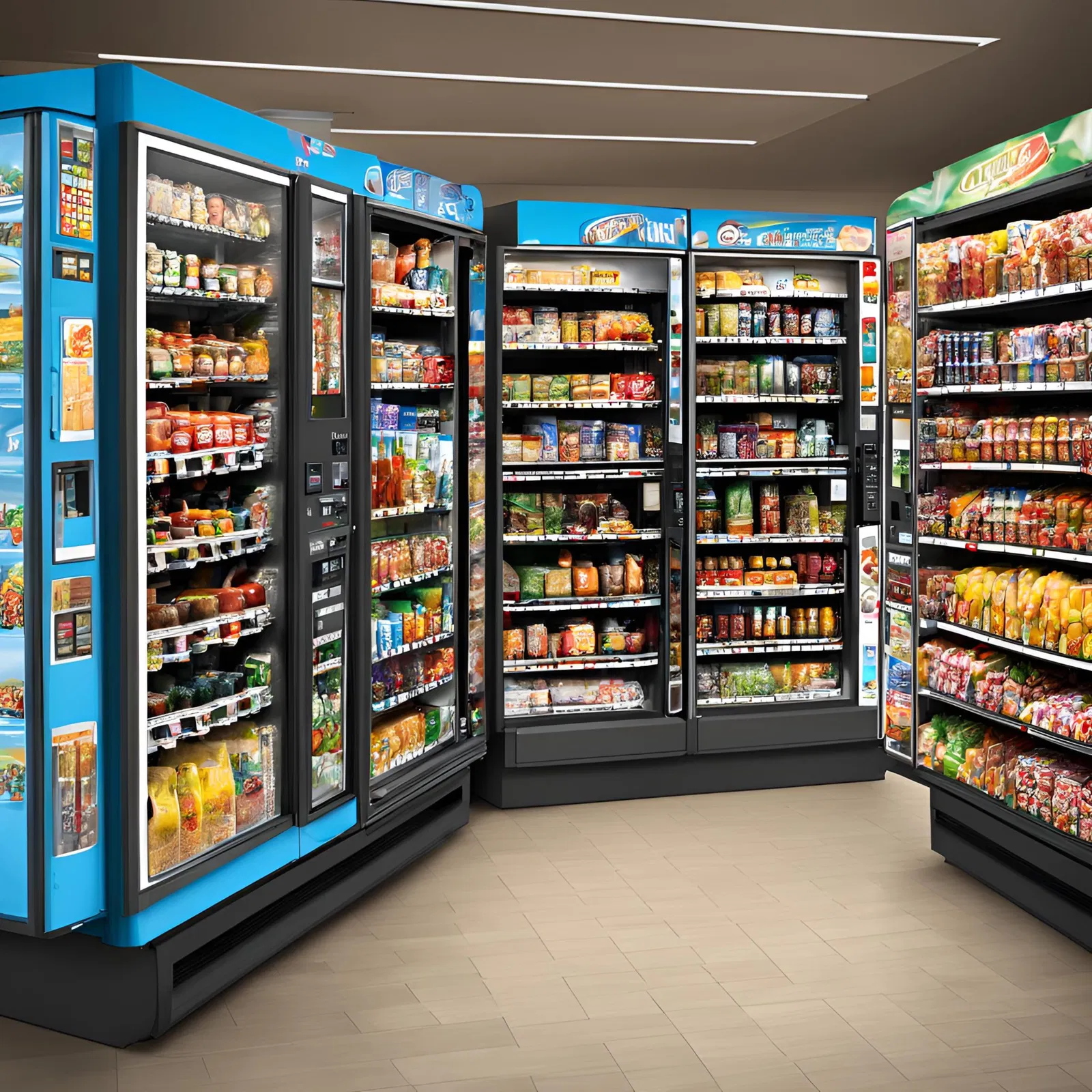 Mehrere Automaten nebeneinander, in einer supermarktähnlichen Halle