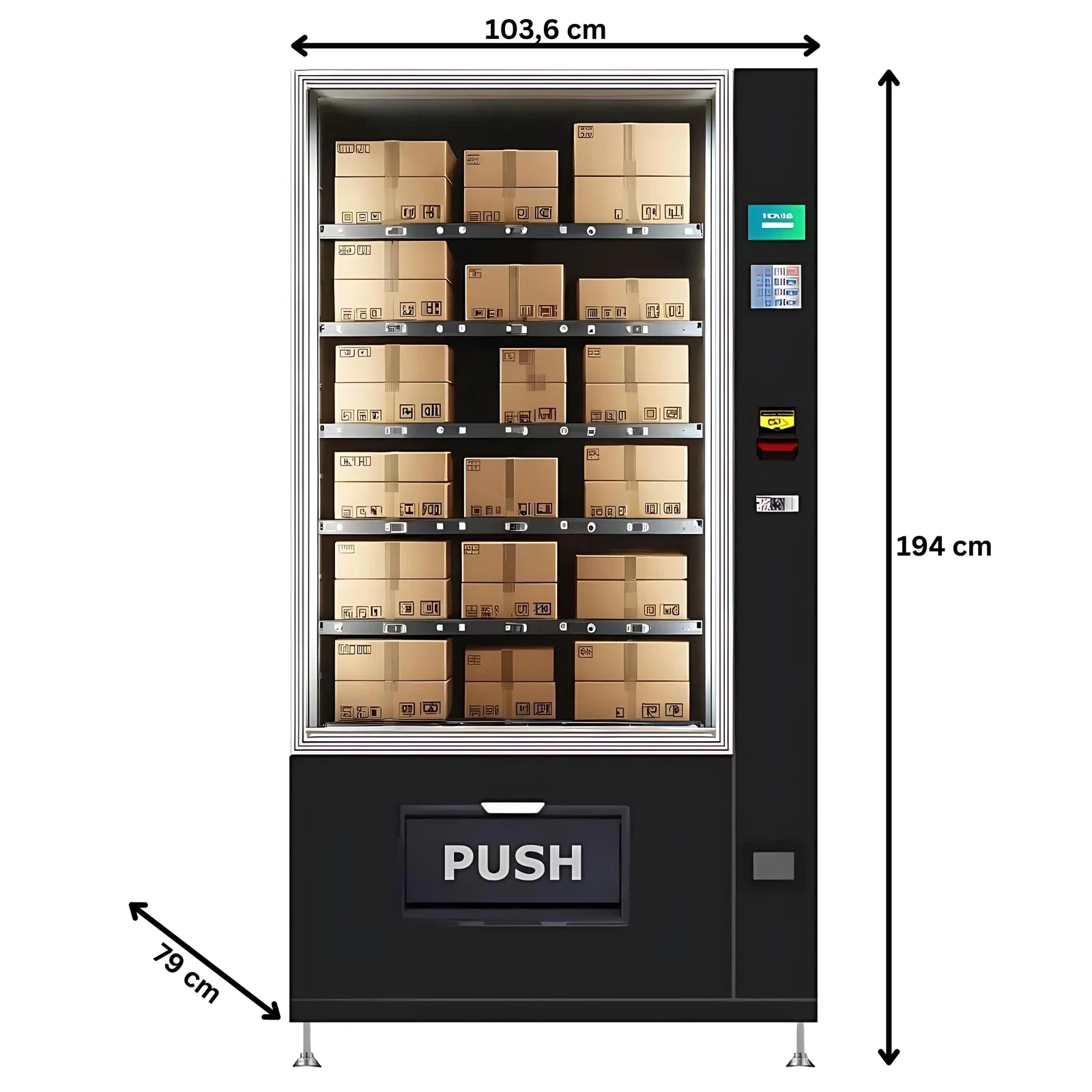 Kleiner Secret Pack Automat von TCN Vending und Vendy1 mit Maßen