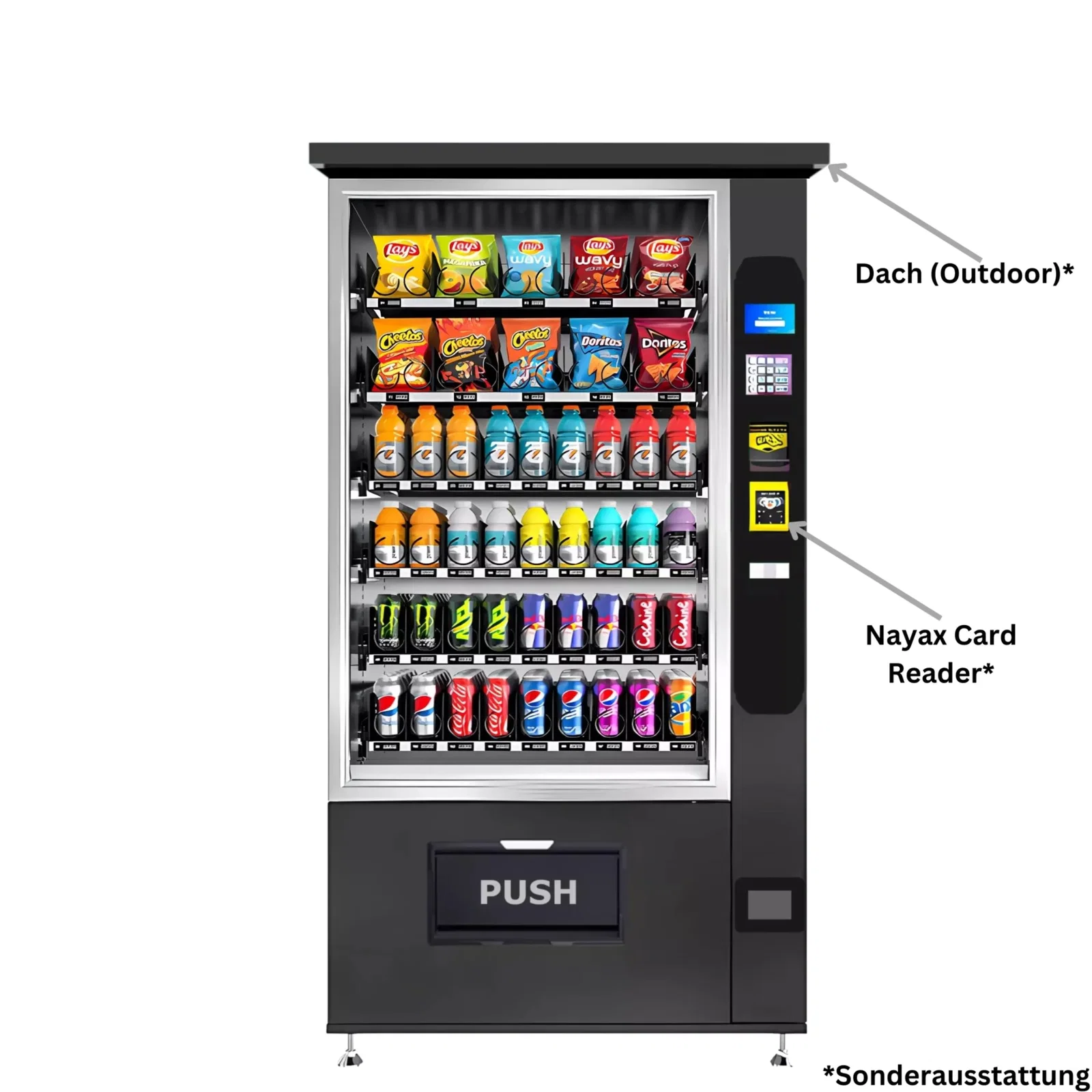Snack- und Getränkeautomat auf den 2 Pfeile gerichtet sind, neben denen sich Text befindet