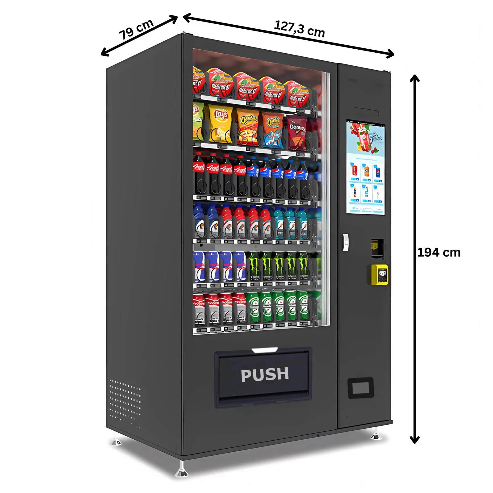 Schwarze Snack-/Getränkekomobi von TCN Vending und Vendy1 mit Maßen