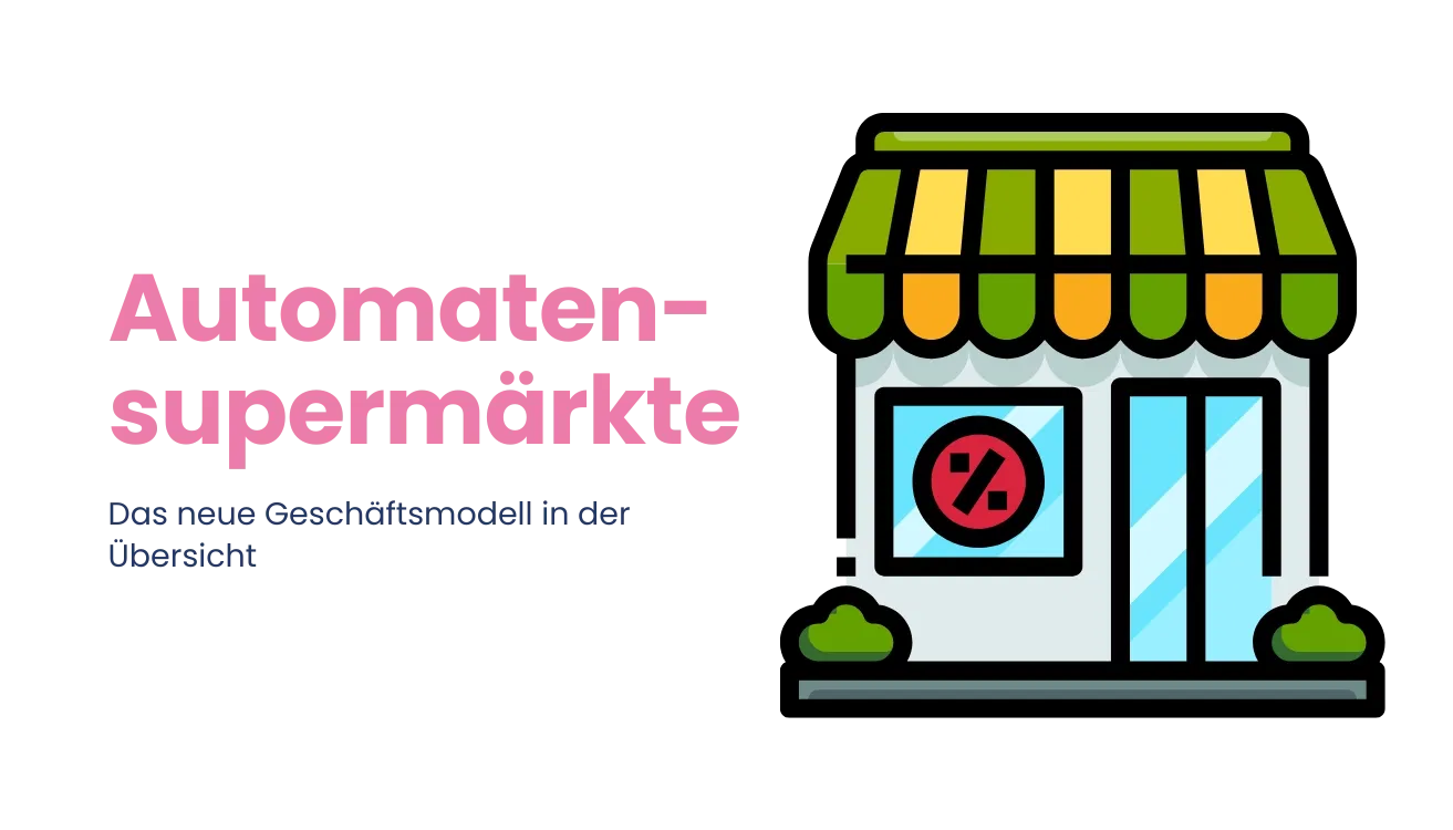 Das Wort Automatensupermärkte in pinker Schrift mit blauer Unterüberschrift und einem Supermarkt Clipart neben der Schrift
