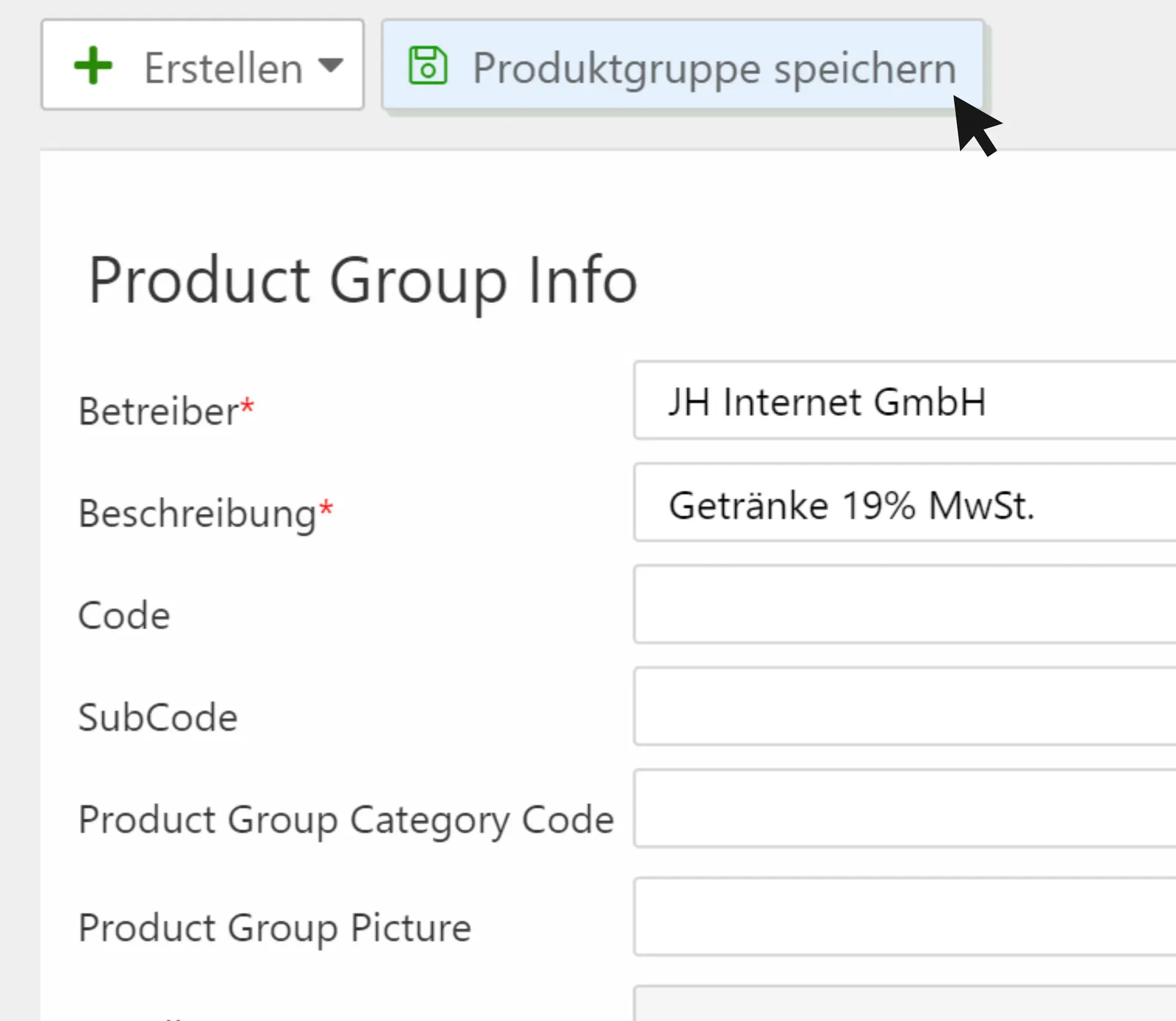 Produktgruppe nach dem Ausfüllen speichern
