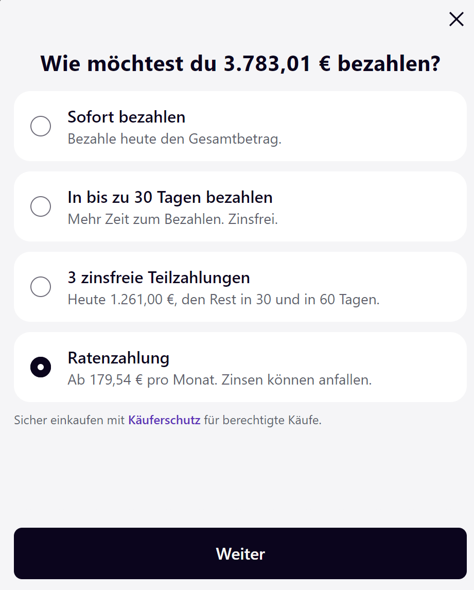 Auswahl einer Zahlungsmethode