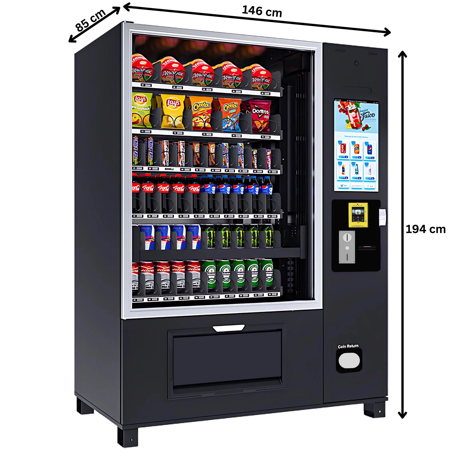 Rechte Seitenansicht des großen Snackgetränkekombi Automaten mit Lift von Vendy1 in komplett schwarzem Design mit Maßen