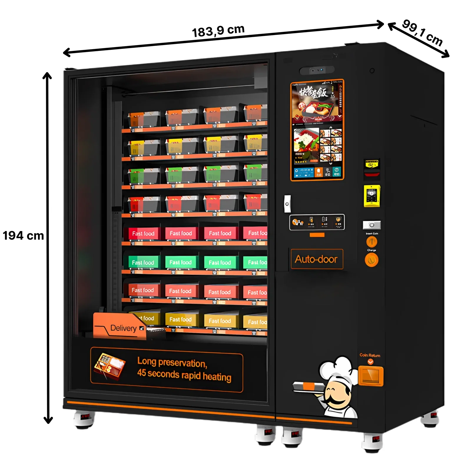 Automat für warme Speisen von TCN Vending und Vendy1 Seitenansicht mit Maßen
