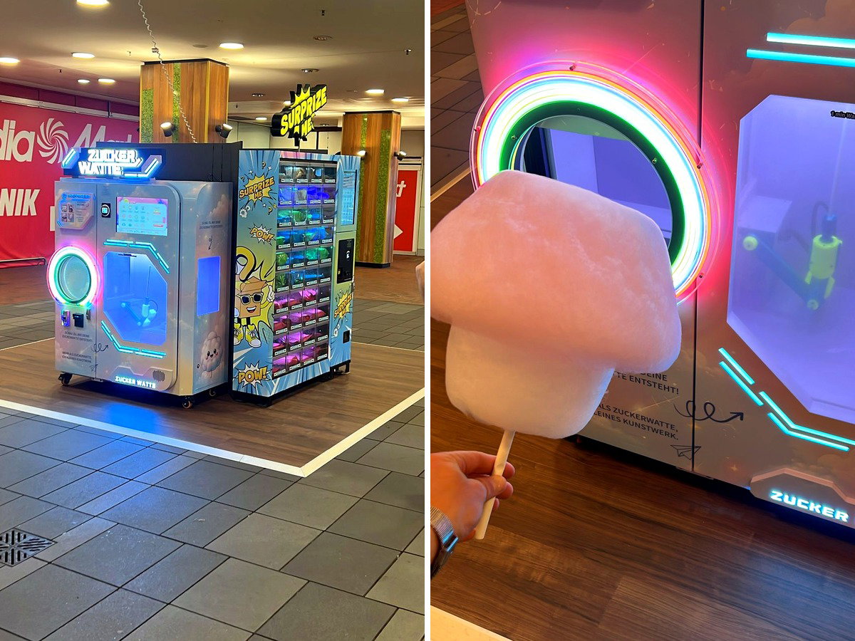 Self-Service Zuckerwatte-Automat mit 22-Zoll-Touchscreen und Frontfenster zur Live-Produktion