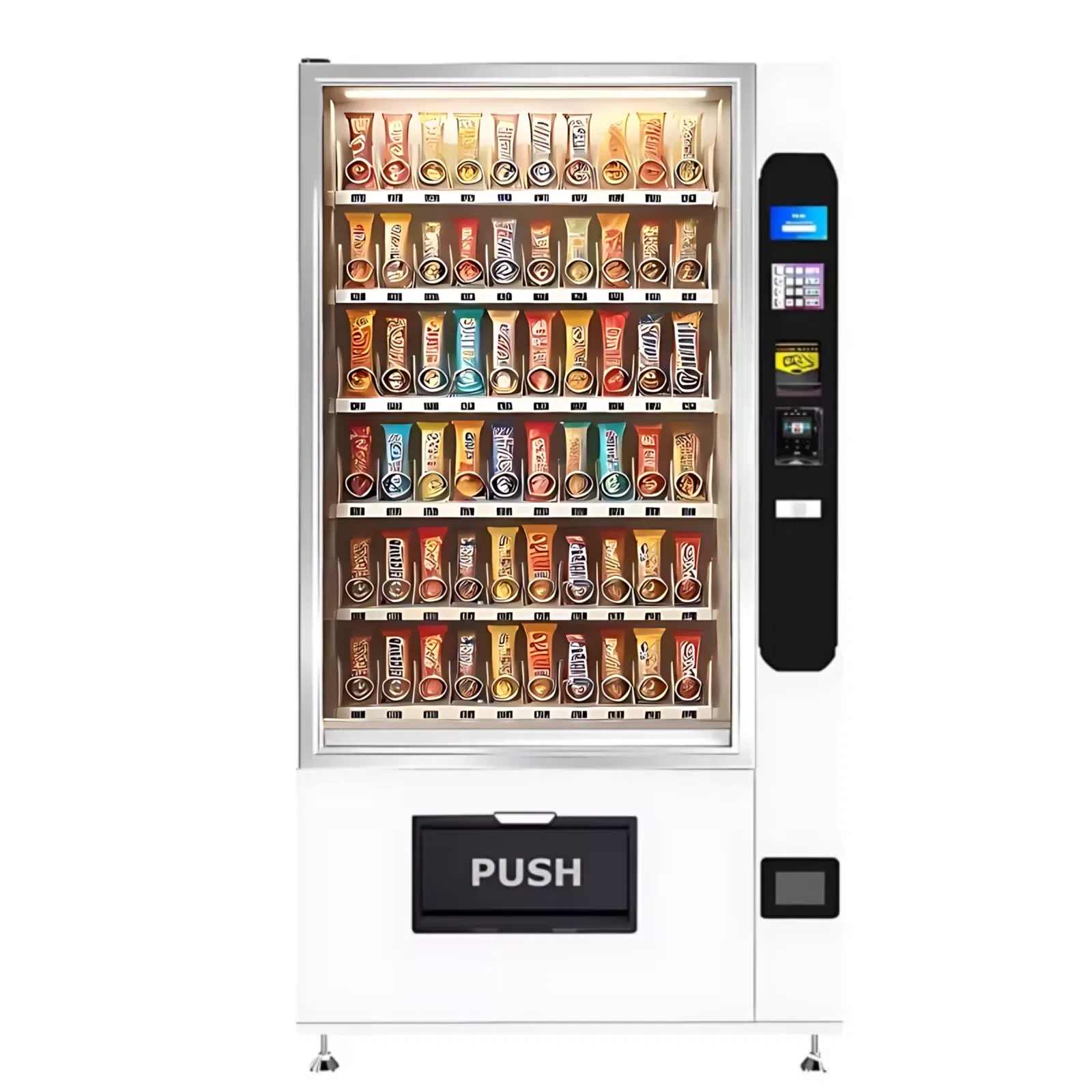 Weißer Warenautomat, welcher mit Snacks bzw. Schokoriegeln befüllt ist