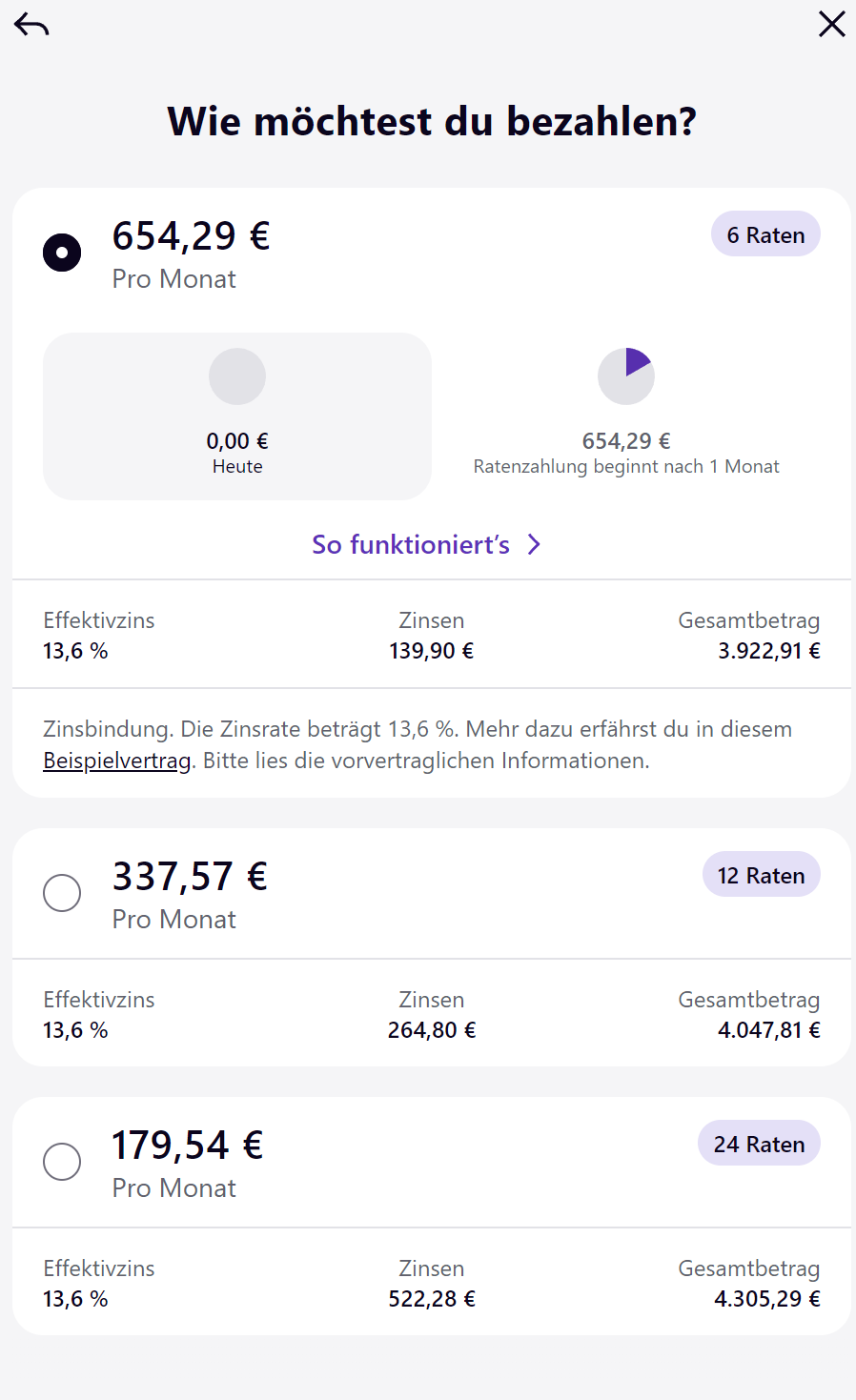 Menü zum abschließen des Kaufs und Auswählen der Zahlungsmethode