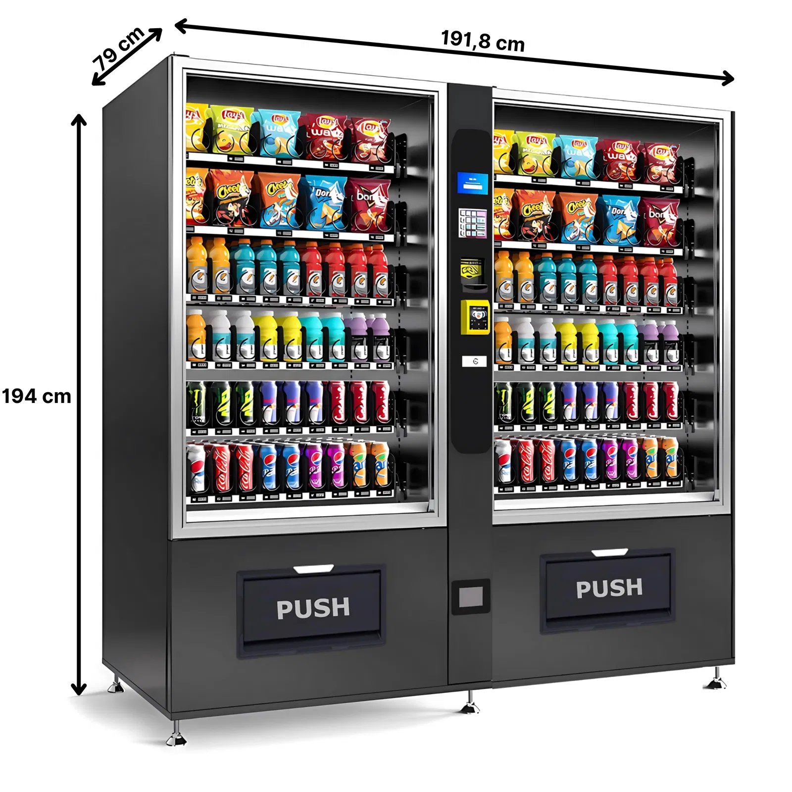 Frontansicht des Hotelautomaten von Vendy1 und TCN Vending und Vendy1 mit Maßen